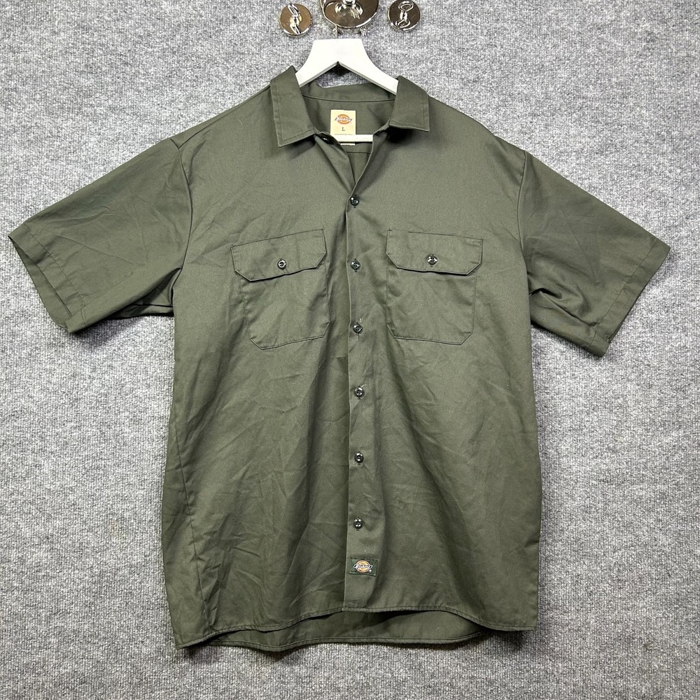 Dickies Work Shirt Men's Olive Green Short Sleeve Button Up Workwear - Large